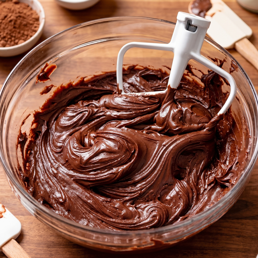 A bowl of thick, dark chocolate fudge frosting being mixed with a white electric hand mixer.