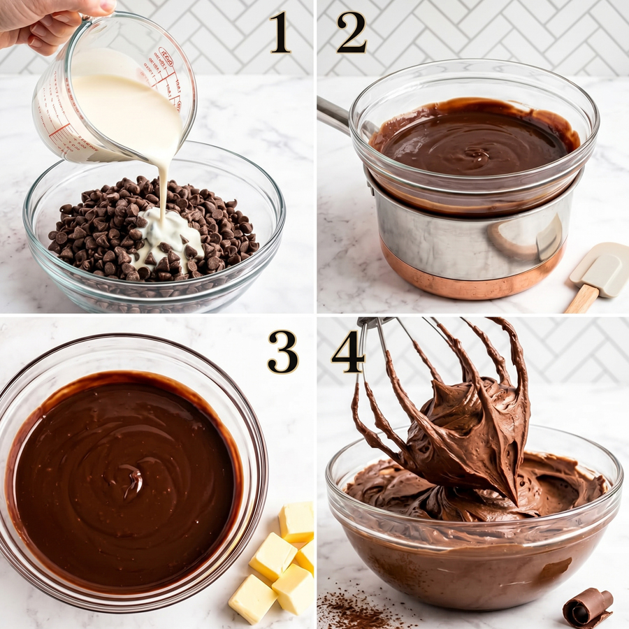 A four-step collage showing the process of pouring hot cream over chocolate, stirring the melted mixture, and finally whipping the cooled ganache into buttercream using a stand mixer.