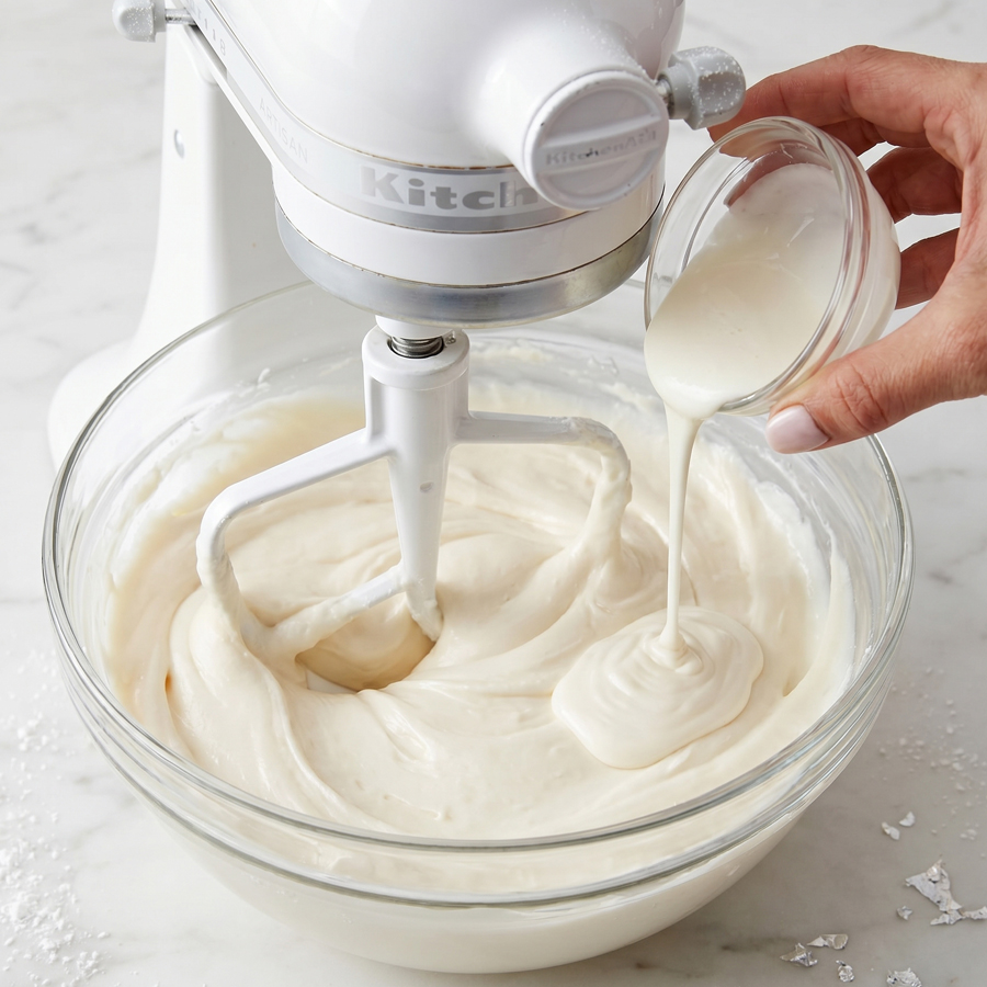 A stand mixer is mixing bright white, fluffy buttercream frosting in a glass bowl while a hand pours in cream from a small measuring cup.