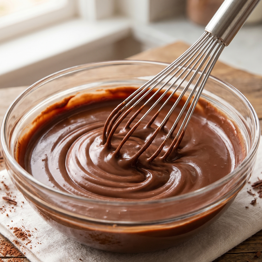 A hand holding a metal whisk mixing thick, smooth brown chocolate ganache in a clear glass bowl on a white surface.