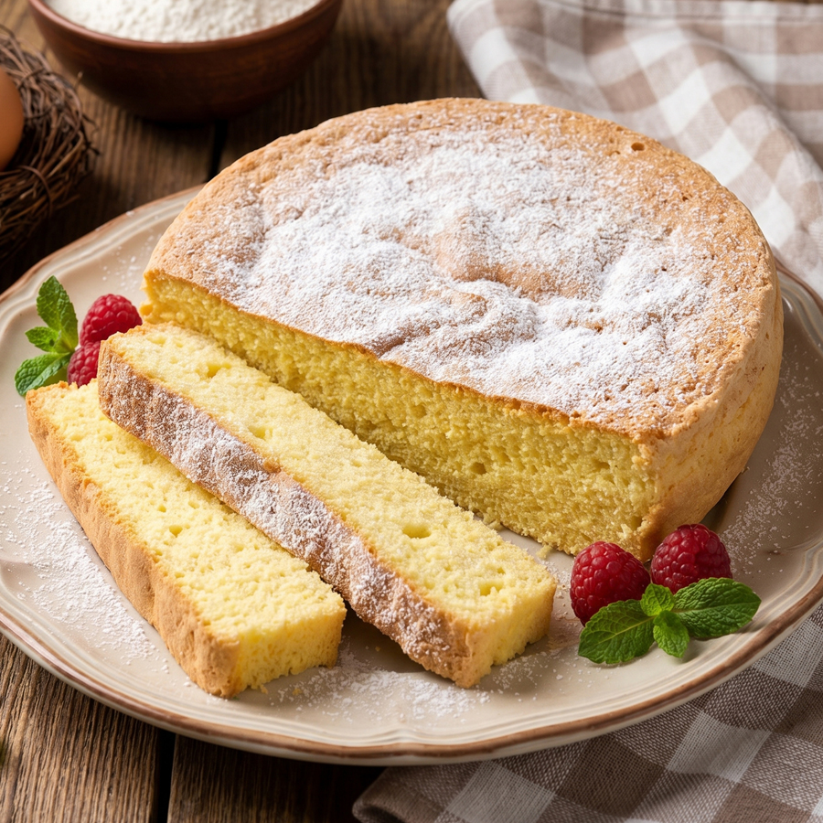 A whole baked sponge cake on a white plate with two slices cut out, surrounded by fresh eggs in a basket and a bowl of flour on a wooden table.