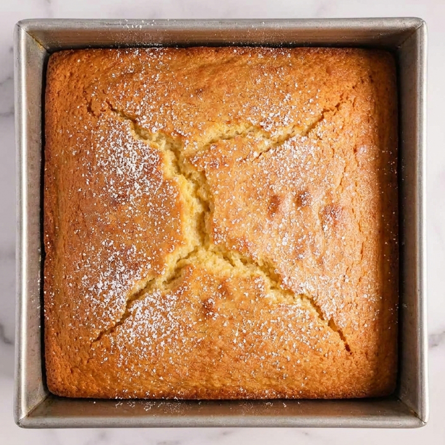 A square metal baking pan perfectly filled with smooth, pale yellow cake batter resting on a light marble surface before baking.