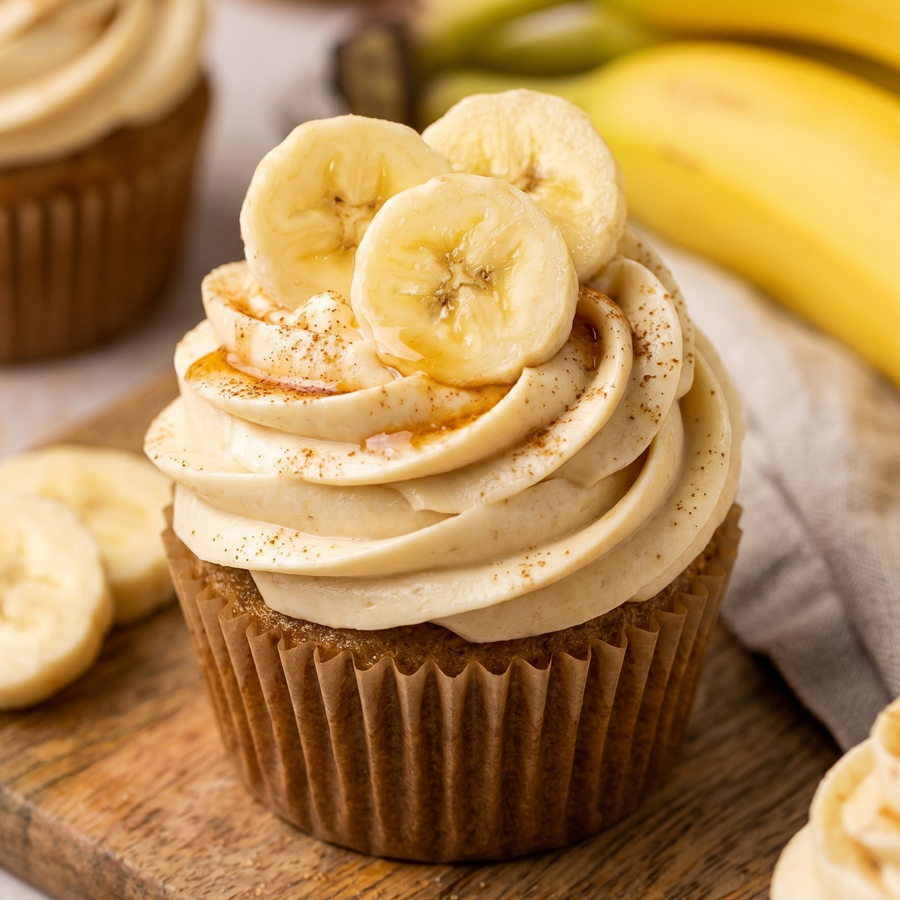 A close-up photo of fluffy banana cream cheese frosting piped generously onto cupcakes, garnished with fresh banana slices.
