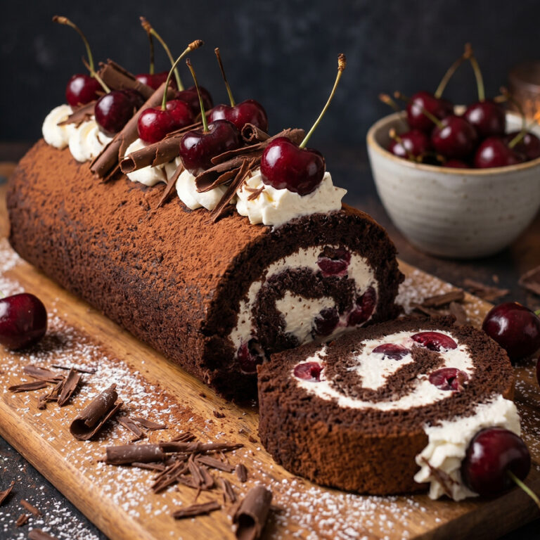 black forest swiss roll cherries on rack