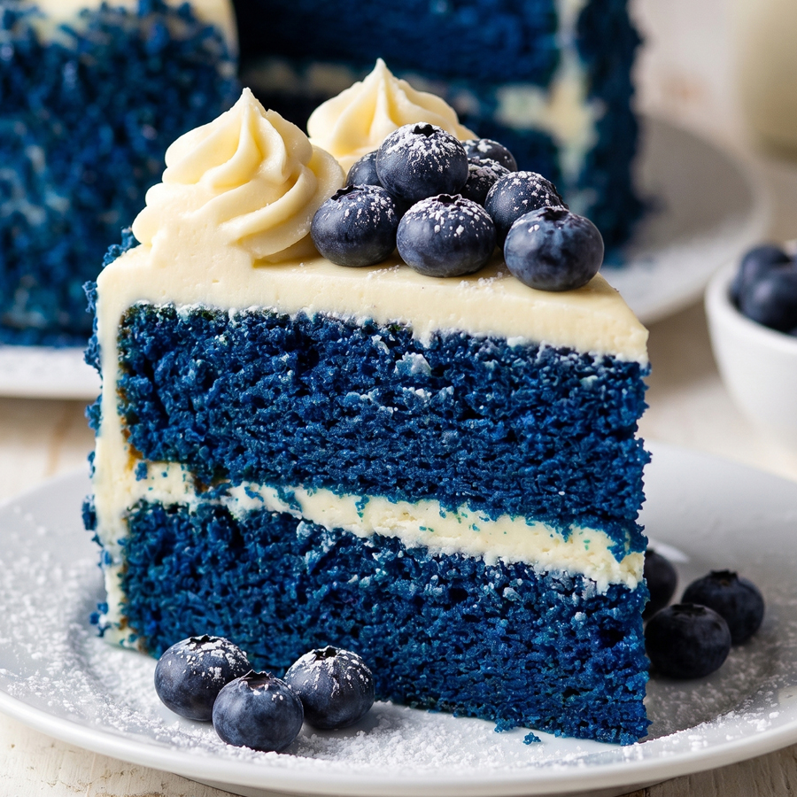 Finished Blue Velvet Cake A slice of blue velvet cake with white frosting and blueberries on a plate