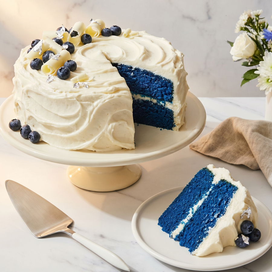 Blue Velvet Cake A tall blue velvet layer cake with white cream cheese frosting on a cake stand