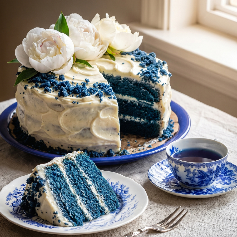 Sliced Blue Velvet Cake A slice of blue velvet cake on a plate showing the deep blue crumb and white frosting layers