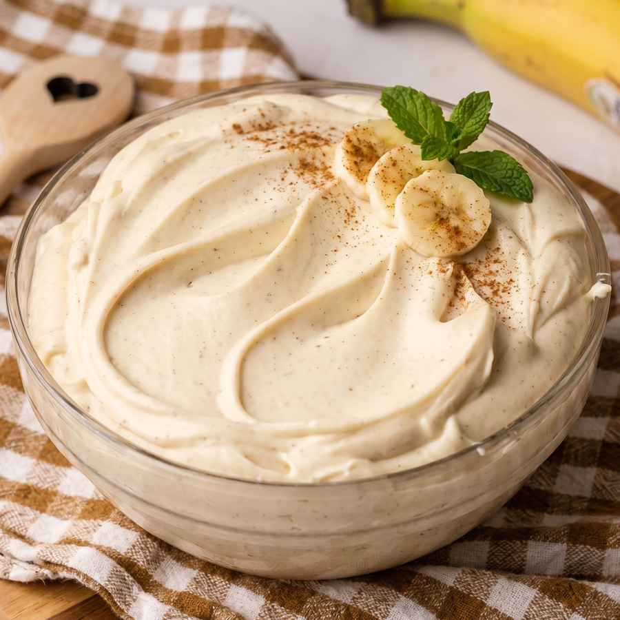 A bowl of pale, creamy banana cream cheese frosting resting on a brown-and-white checkered cloth, with a wooden spoon nearby.