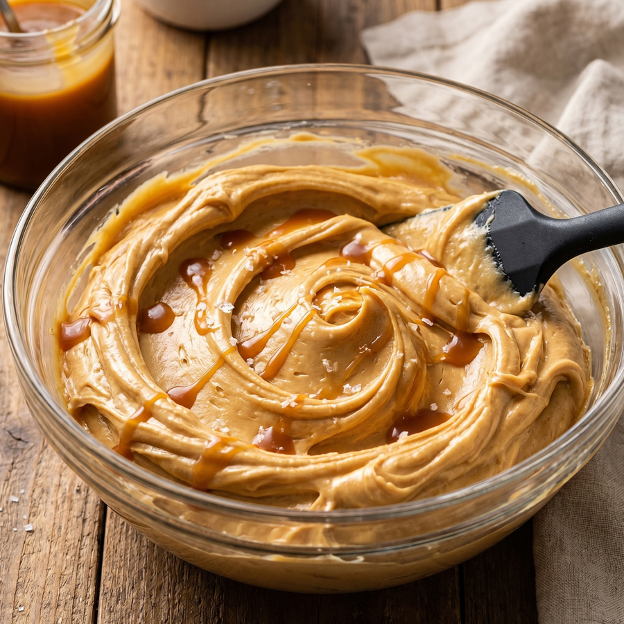 A bowl of salted caramel buttercream frosting swirled with orange caramel streaks