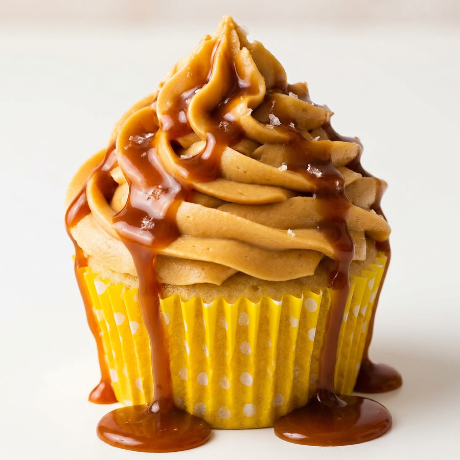 A cupcake topped with a high swirl of caramel buttercream frosting on a white background