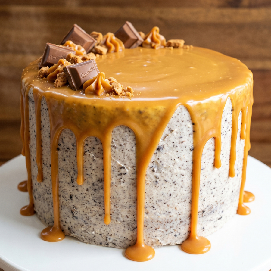 Finished Caramilk Ganache Cake Caramilk-style ganache dripped over a finished cake for decoration.