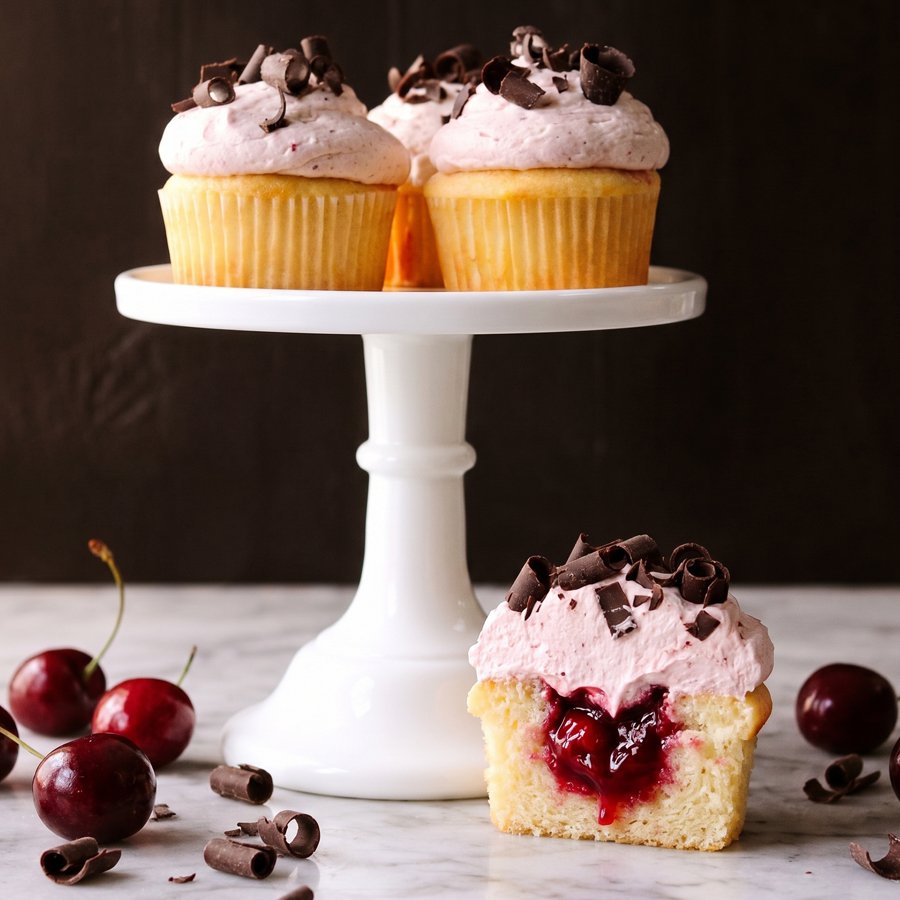 Two finished cherry vanilla cupcakes with pink frosting and cherries on top