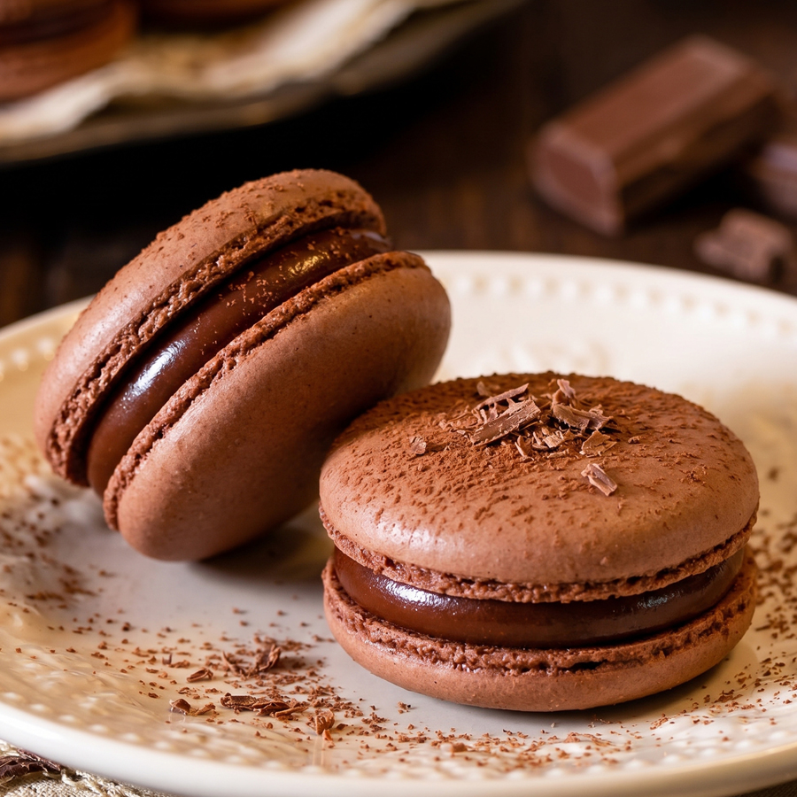 Two finished chocolate macarons on a plate with a soft blurred background