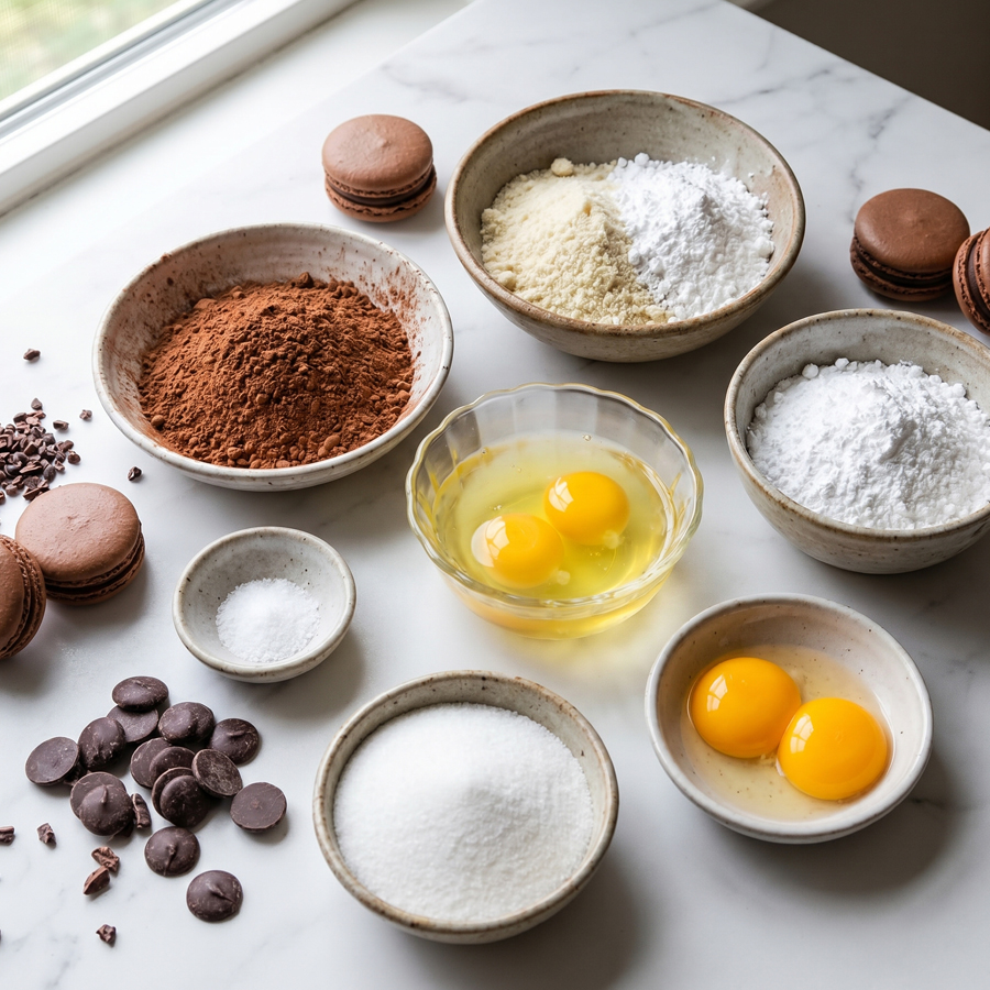 Overhead view of chocolate macaron ingredients including almond flour, cocoa powder, sugar, and egg whites