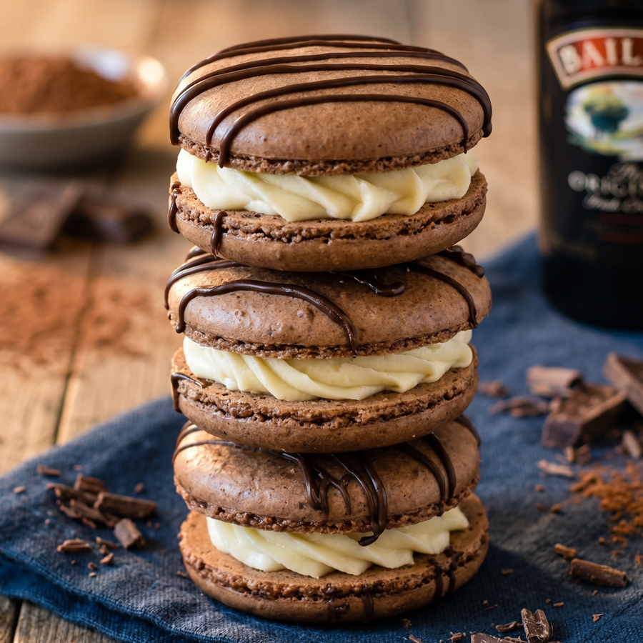 Chocolate macarons being piped onto parchment paper before baking