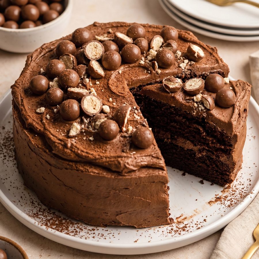 Chocolate Malt Cake Ingredients A chocolate layer cake topped with chocolate malt balls and sliced candy pieces