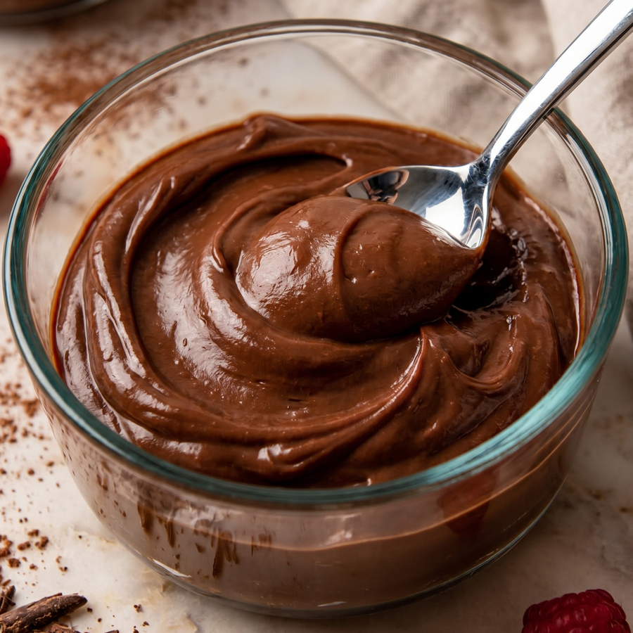 A bowl of chocolate pastry cream with a spoon lifted above it on a white surface