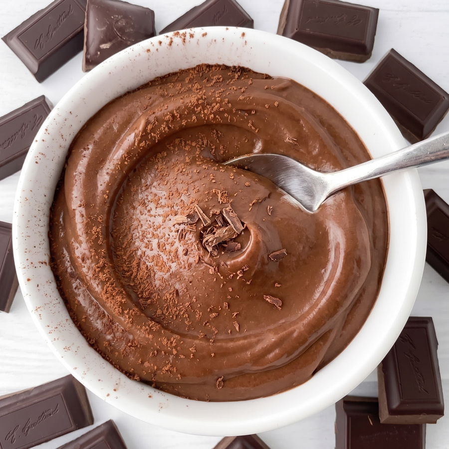 A bowl of chocolate pastry cream being stirred with a spoon