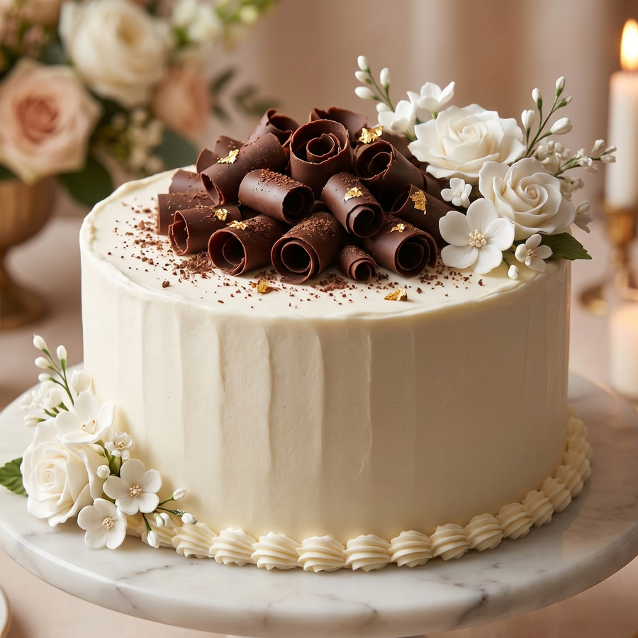 A white frosted chocolate wedding cake topped with chocolate shavings on a plate