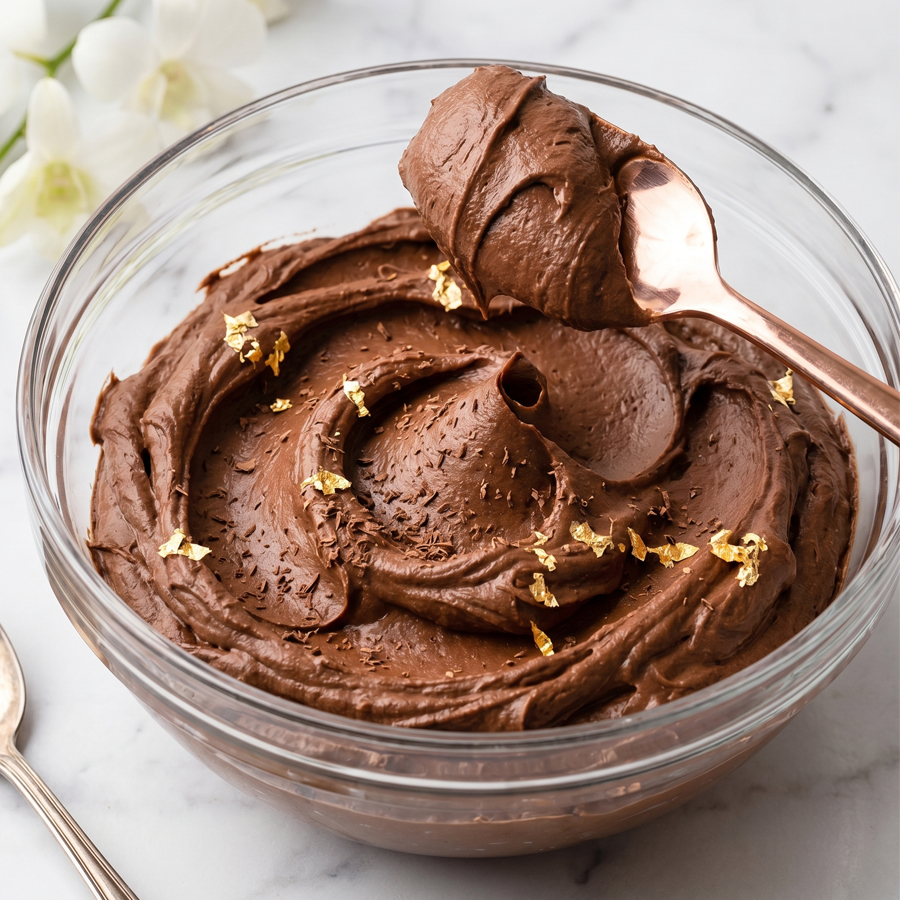 Chocolate frosting being mixed in a bowl with a spatula