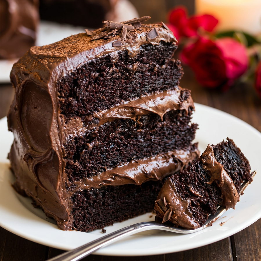 A slice of dark chocolate cake with thick chocolate frosting on a white plate