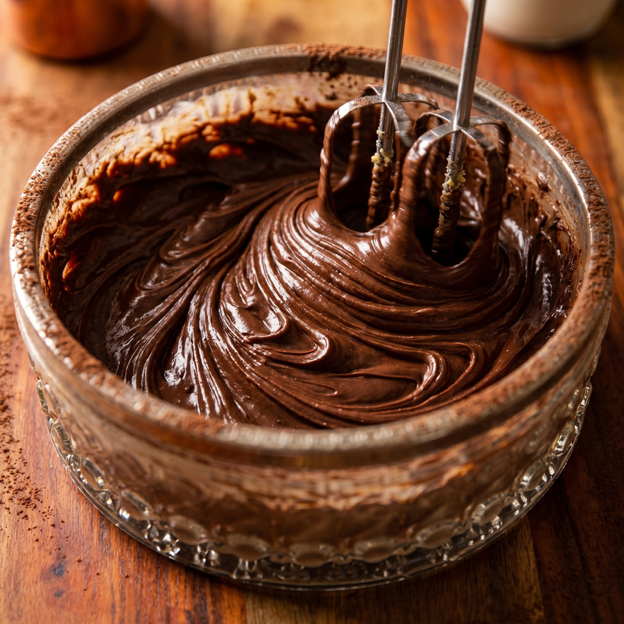 A bowl of dark chocolate buttercream frosting swirled on top