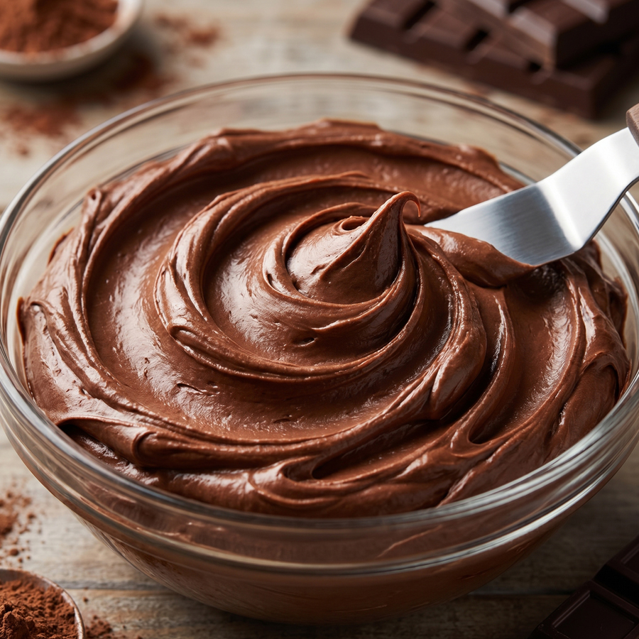 Chocolate buttercream being mixed in a bowl until smooth and fluffy