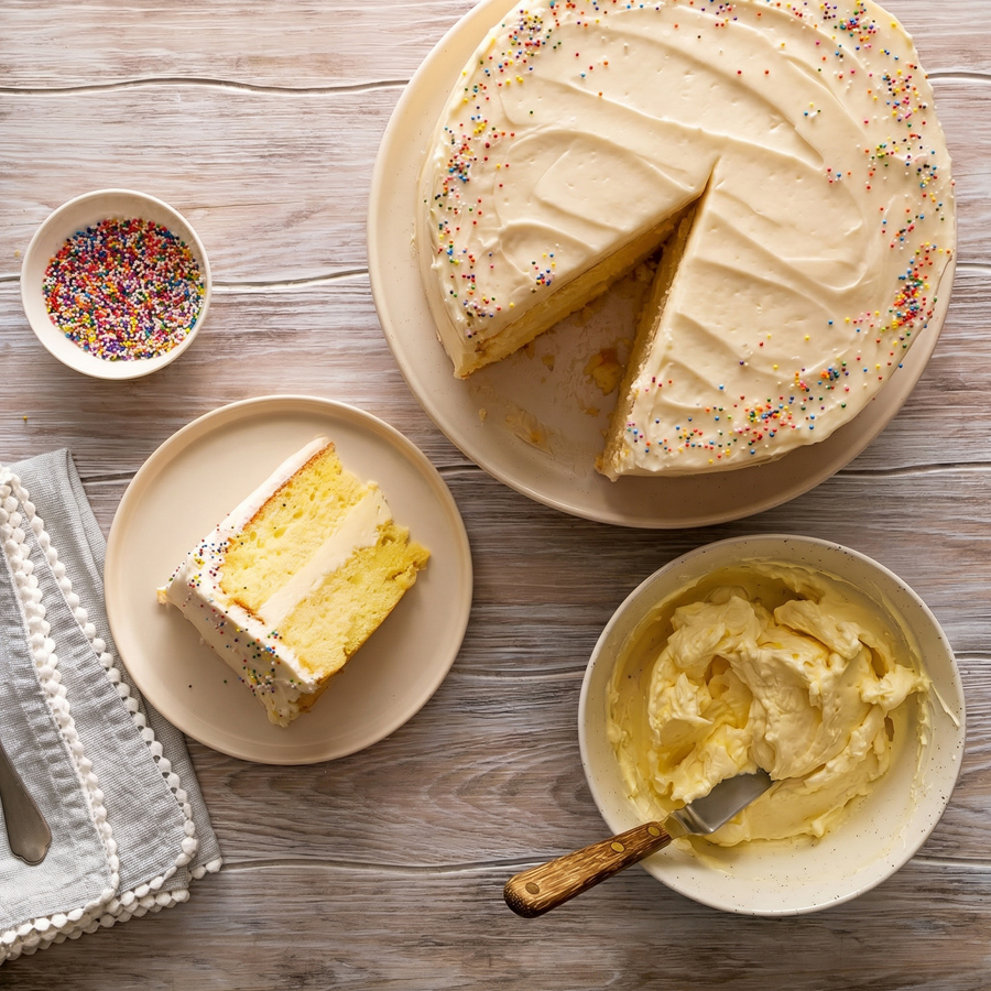 A frosted cake finished with Italian meringue buttercream and a slice cut out