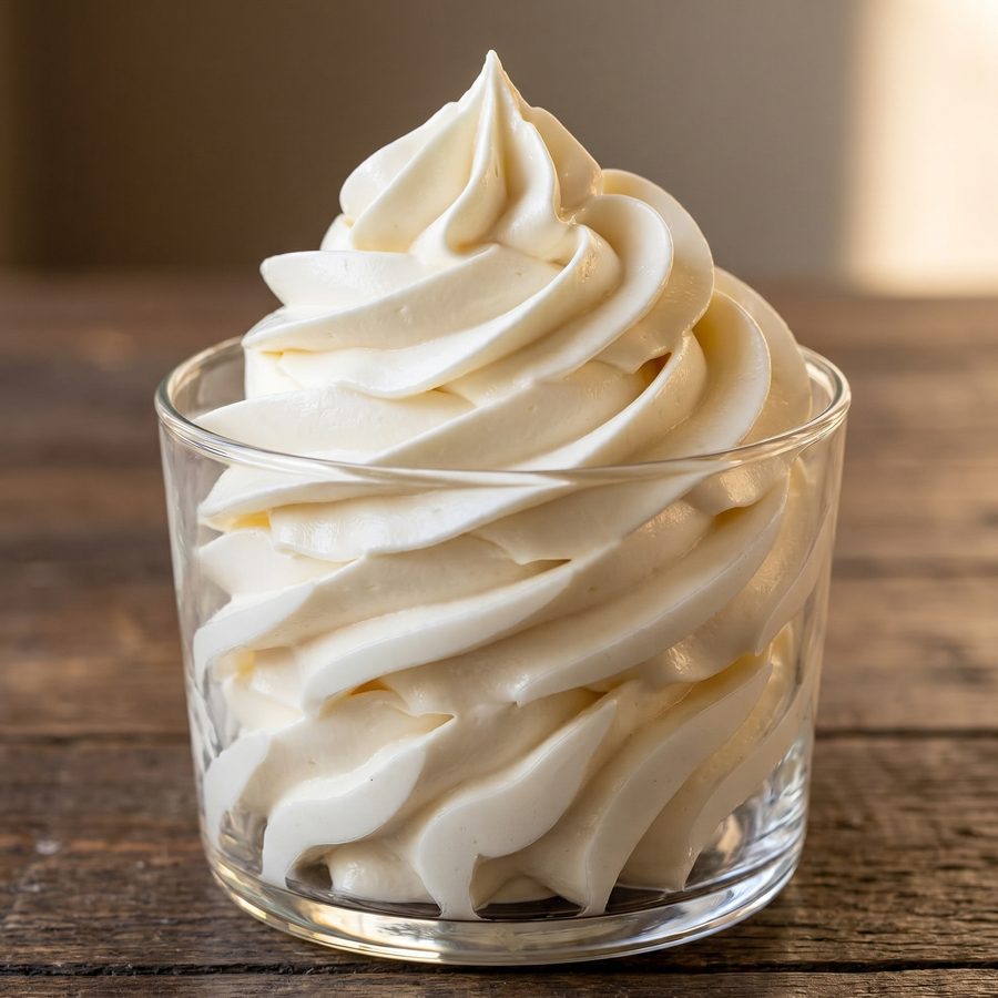 A smooth swirl of Italian meringue buttercream piped into a clear glass