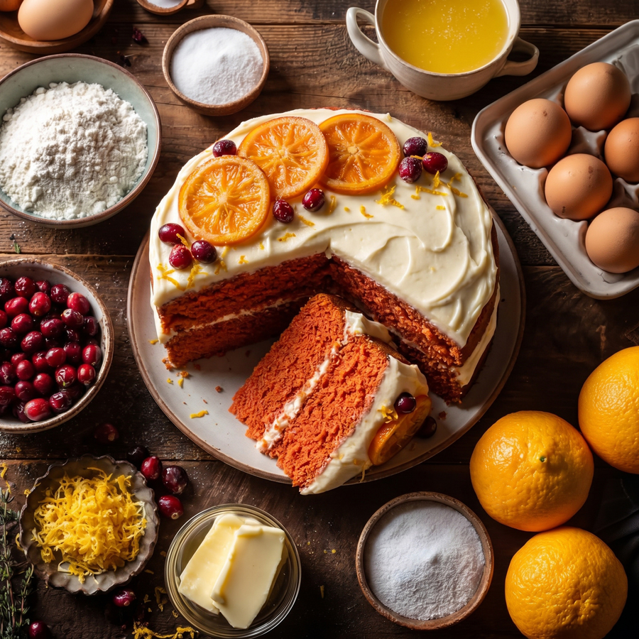Overhead baking ingredients for an orange cake including flour, eggs, sugar, butter, and orange juice