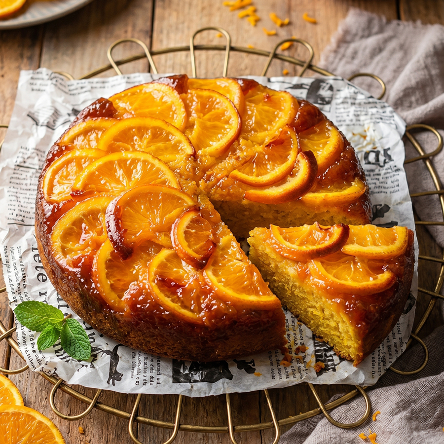 A sliced orange cake on parchment paper and a wire rack with orange slices on top