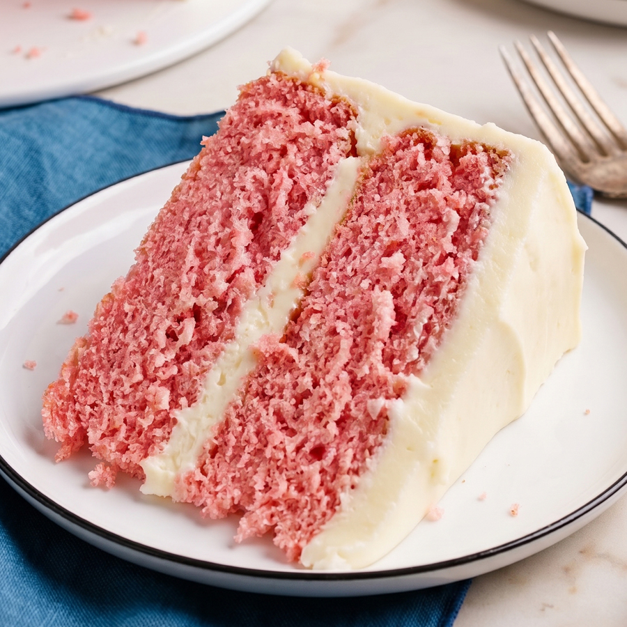 Close-up slices of pink velvet cake with white frosting on white plates