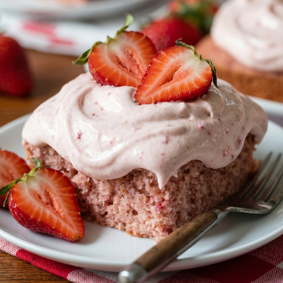 A slice of strawberry cake with strawberry frosting on a plate