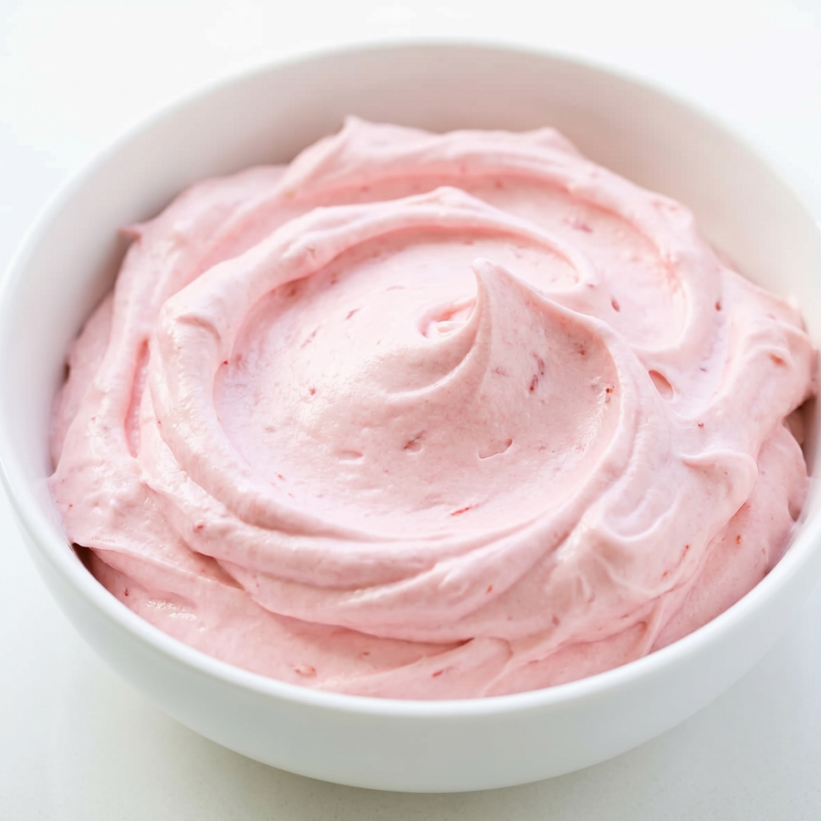 A bowl of pale pink strawberry marshmallow frosting with a swirled texture