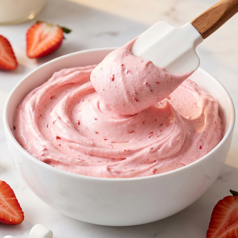 A bowl of pale pink strawberry marshmallow frosting being stirred with a spatula