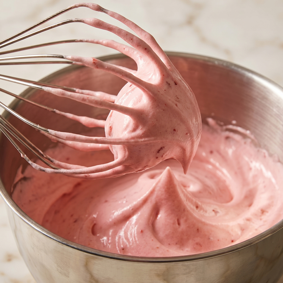 A bowl of strawberry marshmallow frosting being stirred with a spatula