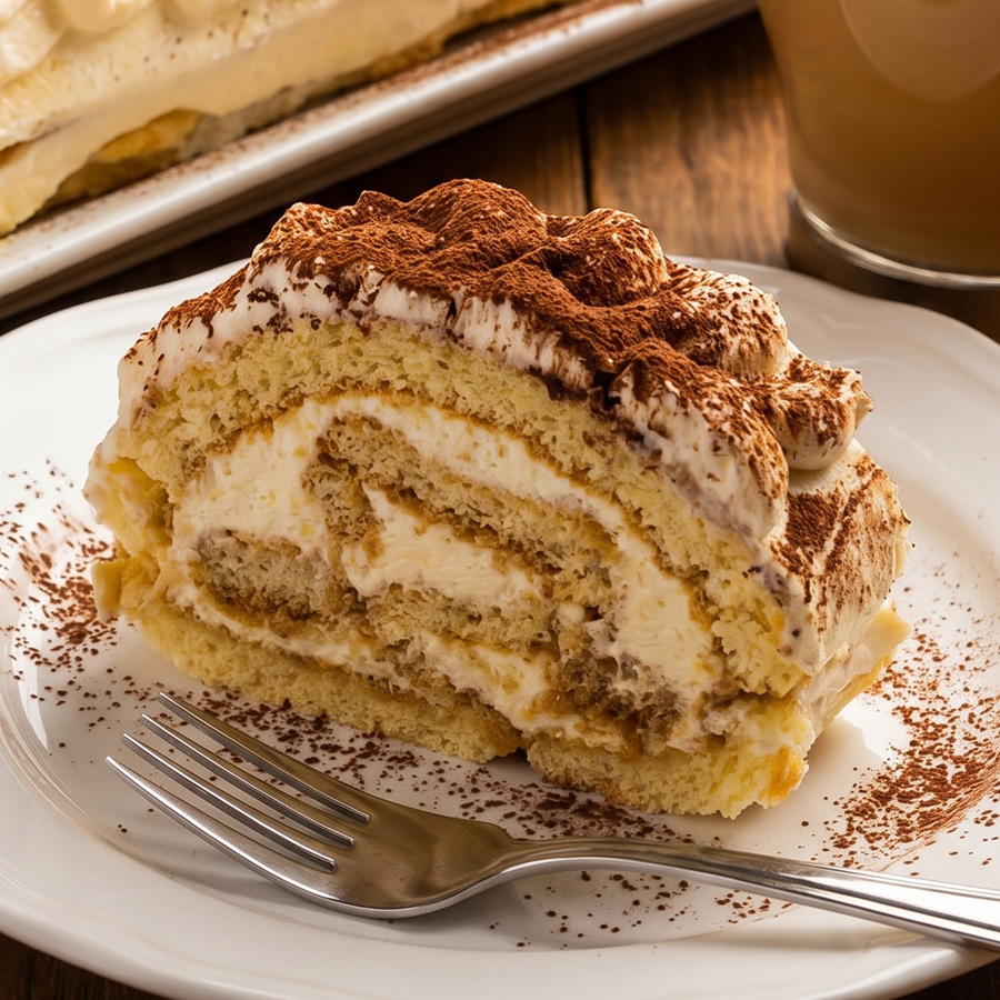 Tiramisu cake roll with a slice on a plate alongside a cup of coffee