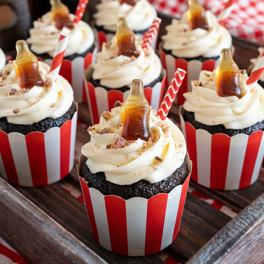 Bake and Cool A tray of chocolate cupcakes decorated like Coca-Cola cups, with red-and-white striped wrappers and fluffy white frosting.