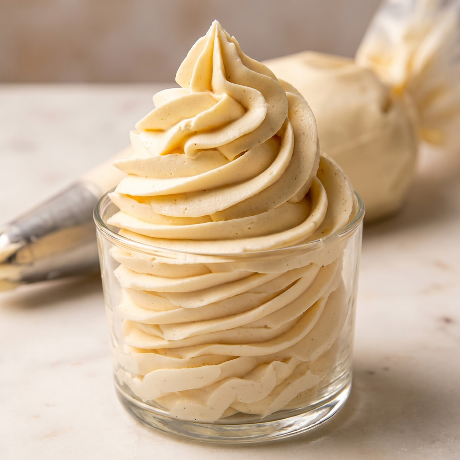 Smooth swirled vanilla buttercream frosting in a bowl