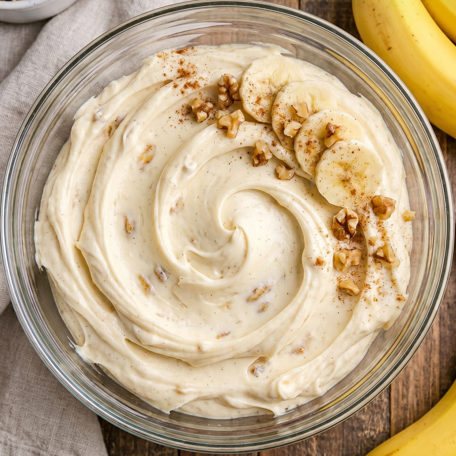 A close-up of a bowl containing a pale creamy mixture being swirled with a mixer, showcasing the smooth, whipped texture of the frosting.