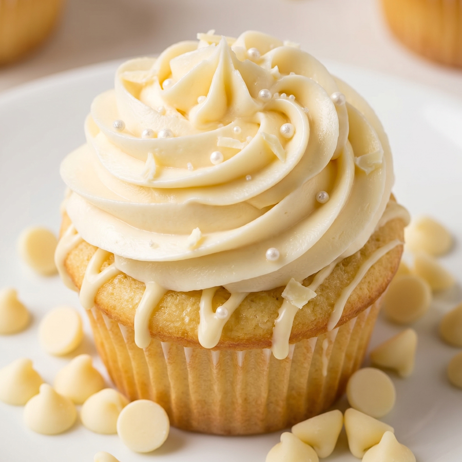 White chocolate cupcakes with swirled white frosting and small white chocolate pieces on a light background