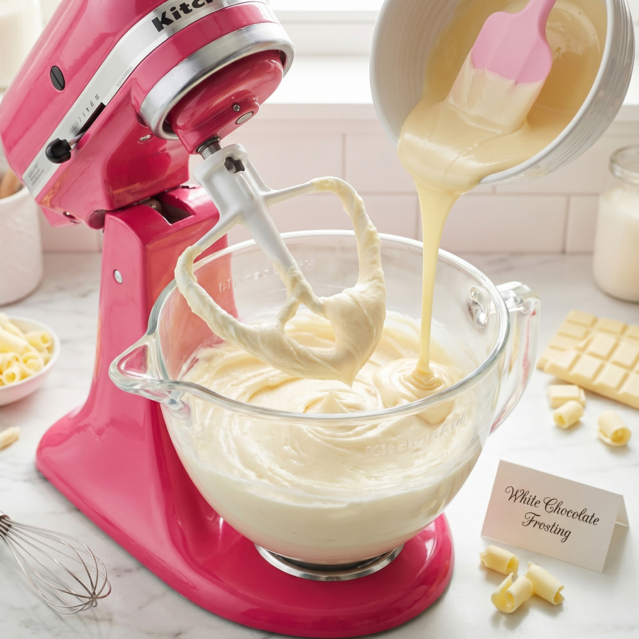 Pink stand mixer with white chocolate frosting being mixed in a bowl