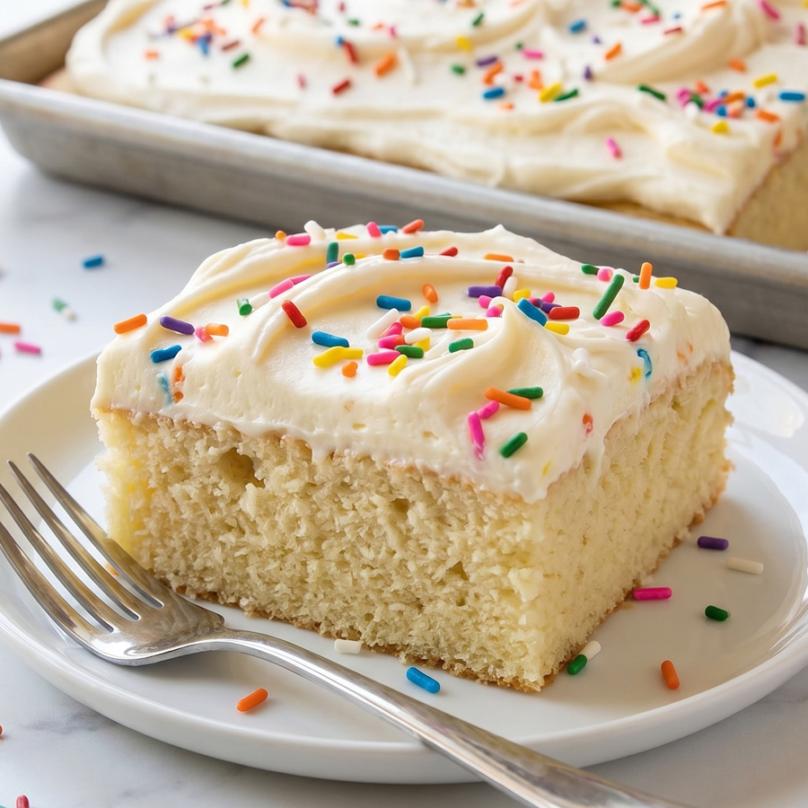 Vanilla sheet cake with white frosting and rainbow sprinkles served on a plate with fork