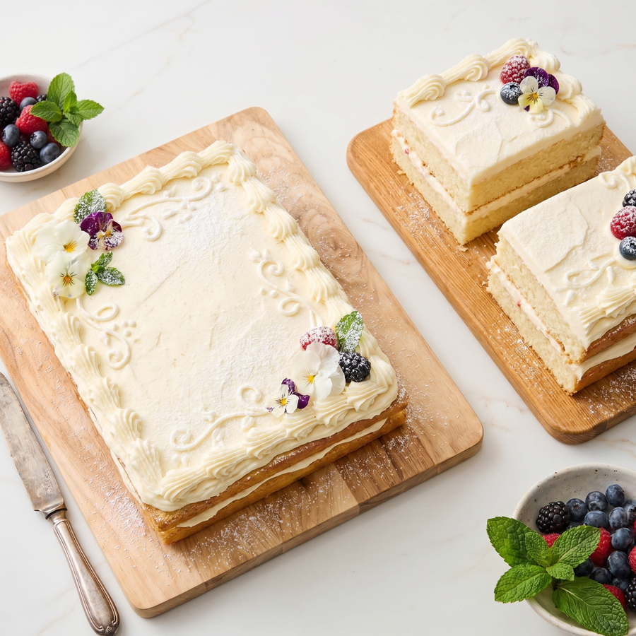 White sheet cake pan being frosted and sliced into squares on a wooden surface