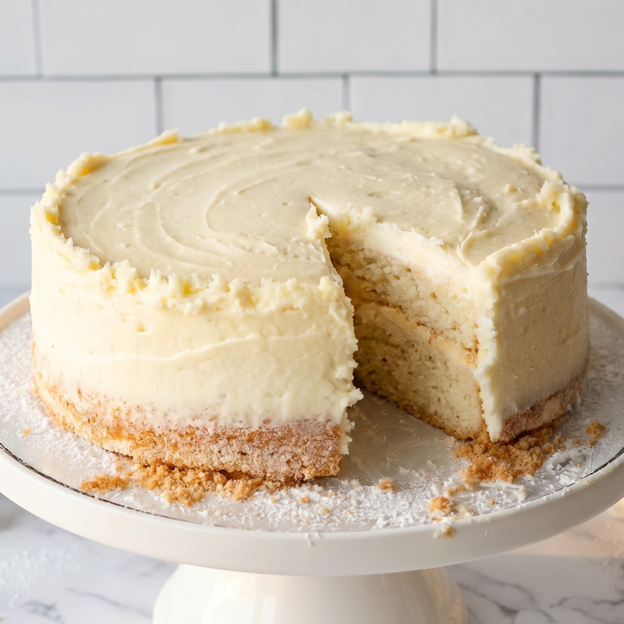 Smooth white frosting being spread on a white velvet layer cake on a cake stand