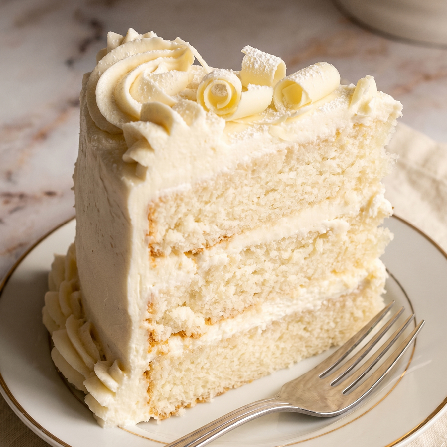 Ingredients for white velvet layer cake including buttermilk, egg whites, butter, and flour