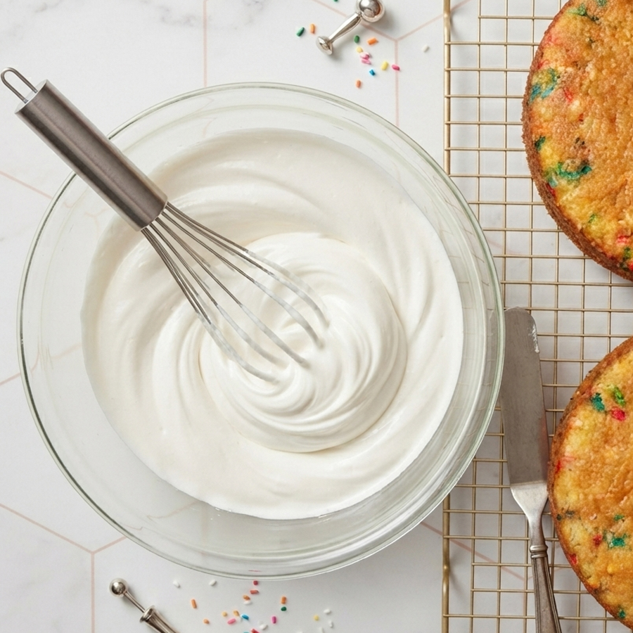 7 Minute Frosting Setup A bowl of bright white fluffy frosting with a whisk and yellow cakes on a wire cooling rack.