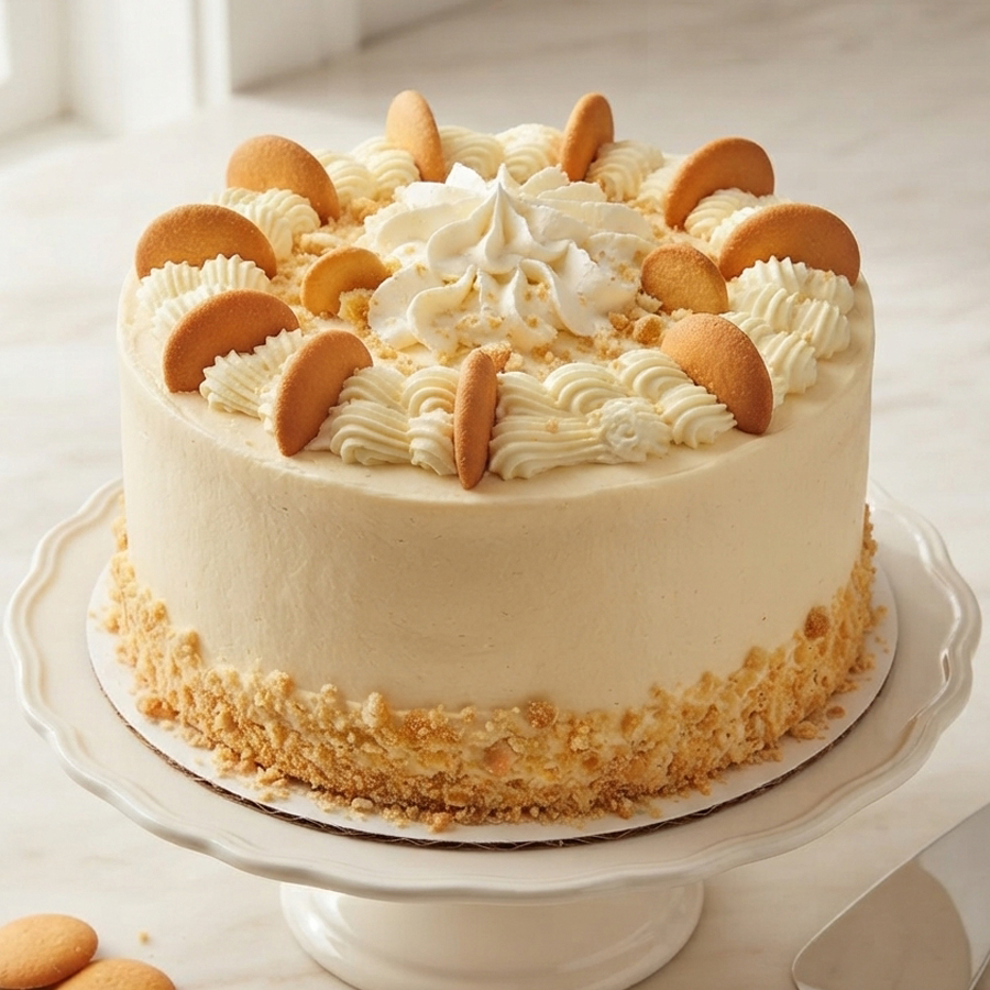A round layered cake with white frosting, topped with piped whipped cream swirls, banana slices, and vanilla wafers