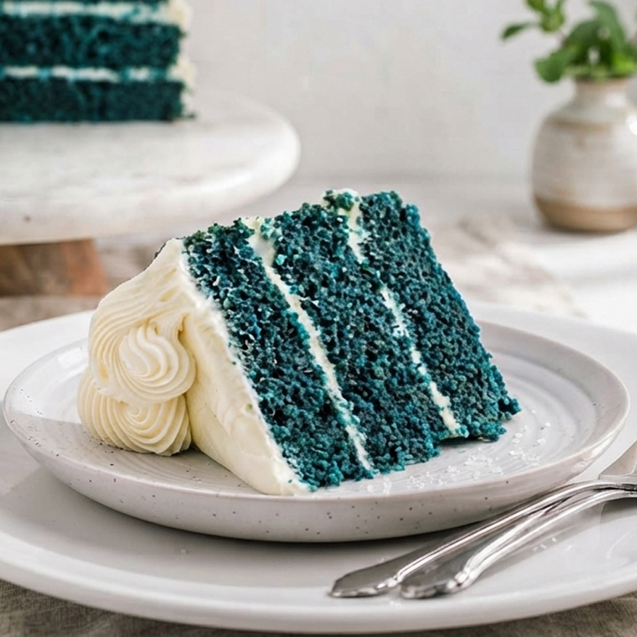 A slice of bright blue layer cake with white frosting on a white plate with a silver fork beside it