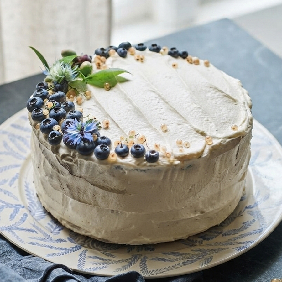 A round blue velvet cake covered in smooth white frosting and decorated with fresh blueberries and mint leaves